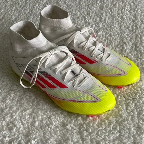 adidas Women's F50 League FG/MG Mid Soccer Cleats 7.5 white pink neon yellow - Picture 1 of 8